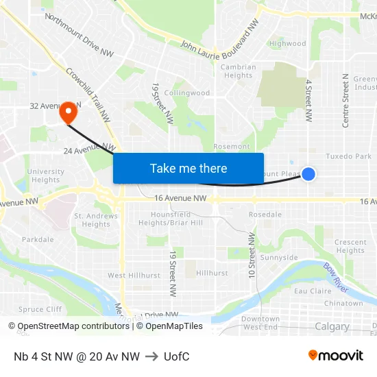 Nb 4 St NW @ 20 Av NW to UofC map