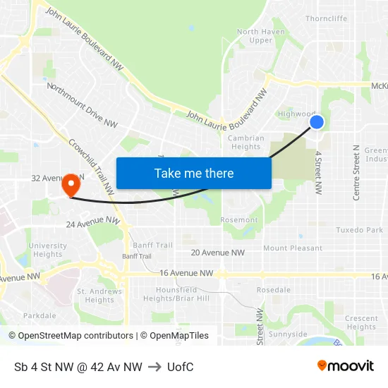 Sb 4 St NW @ 42 Av NW to UofC map