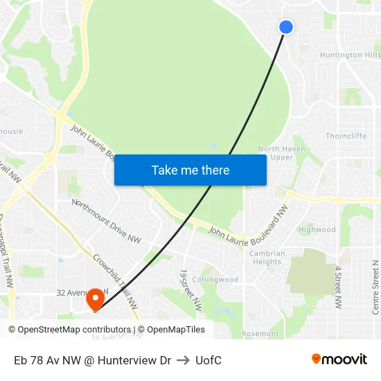 Eb 78 Av NW @ Hunterview Dr to UofC map
