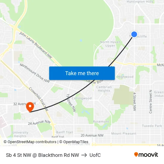 Sb 4 St NW @ Blackthorn Rd NW to UofC map