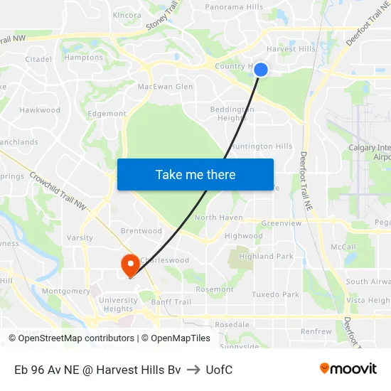 Eb 96 Av NE @ Harvest Hills Bv to UofC map