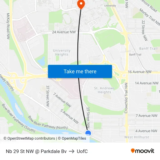 Nb 29 St NW @ Parkdale Bv to UofC map