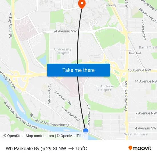Wb Parkdale Bv @ 29 St NW to UofC map