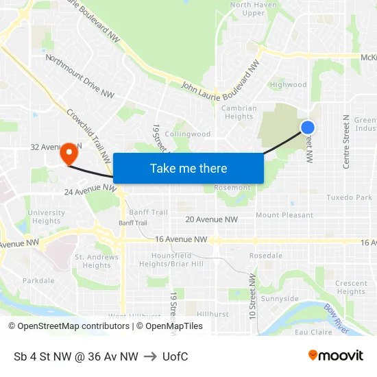 Sb 4 St NW @ 36 Av NW to UofC map