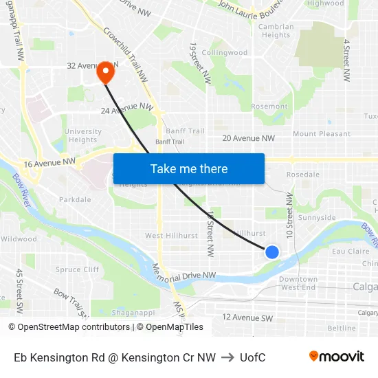 Eb Kensington Rd @ Kensington Cr NW to UofC map