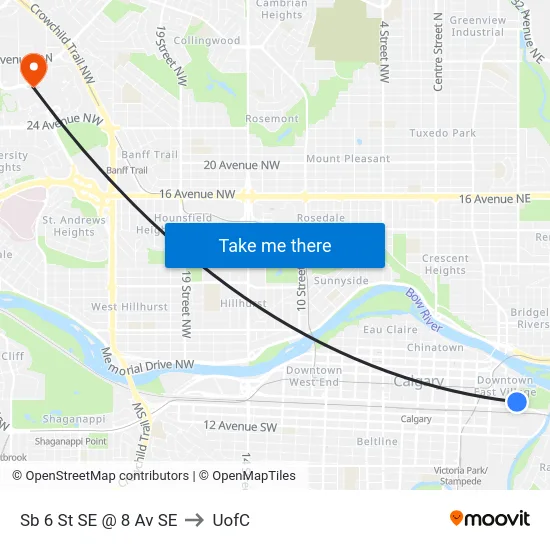 Sb 6 St SE @ 8 Av SE to UofC map