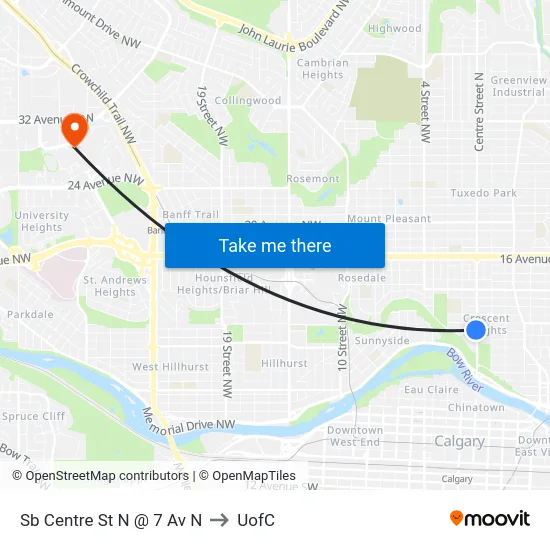 Sb Centre St N @ 7 Av N to UofC map