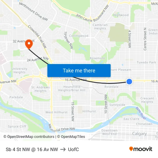 Sb 4 St NW @ 16 Av NW to UofC map