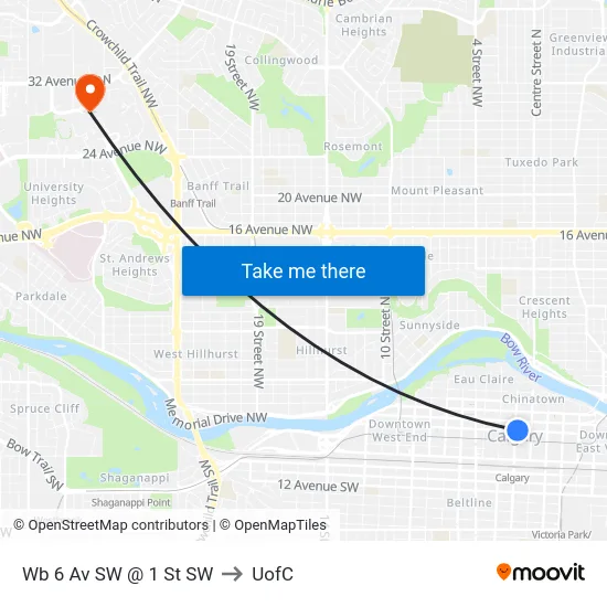 Wb 6 Av SW @ 1 St SW to UofC map