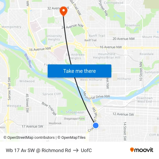 Wb 17 Av SW @ Richmond Rd to UofC map