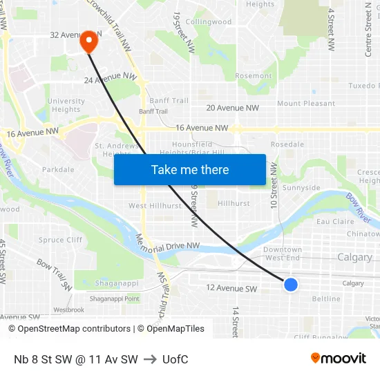 Nb 8 St SW @ 11 Av SW to UofC map