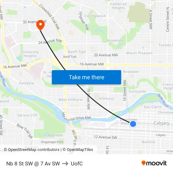 Nb 8 St SW @ 7 Av SW to UofC map