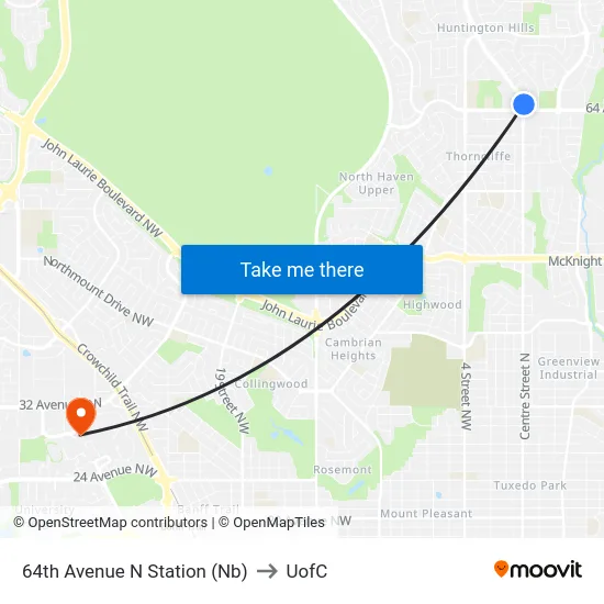 64th Avenue N Station (Nb) to UofC map