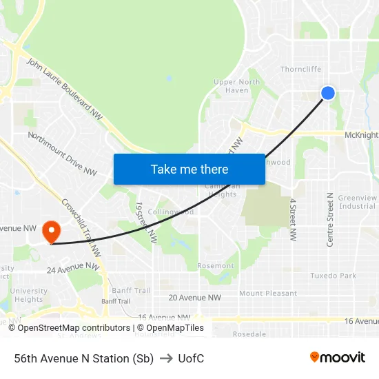 56th Avenue N Station (Sb) to UofC map