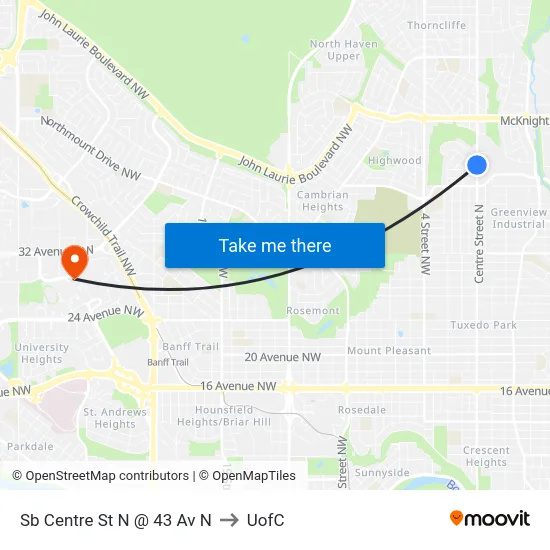 Sb Centre St N @ 43 Av N to UofC map