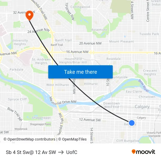 Sb 4 St Sw@ 12 Av SW to UofC map