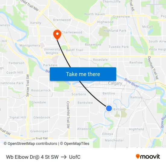 Wb Elbow Dr@ 4 St SW to UofC map