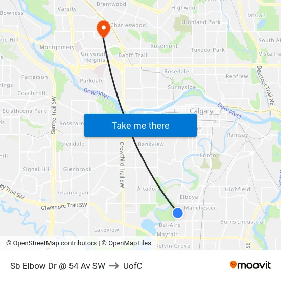 Sb Elbow Dr @ 54 Av SW to UofC map