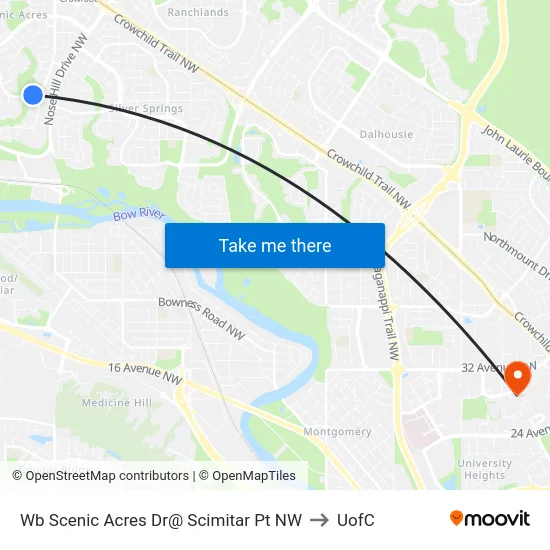 Wb Scenic Acres Dr@ Scimitar Pt NW to UofC map