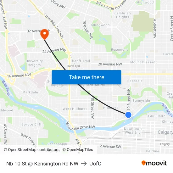 Nb 10 St @ Kensington Rd NW to UofC map