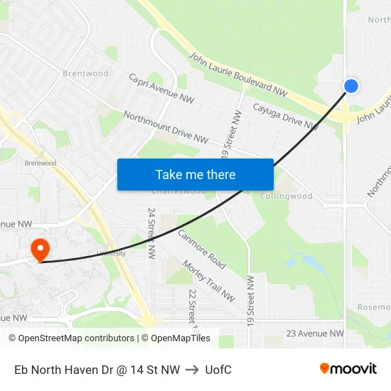 Eb North Haven Dr @ 14 St NW to UofC map