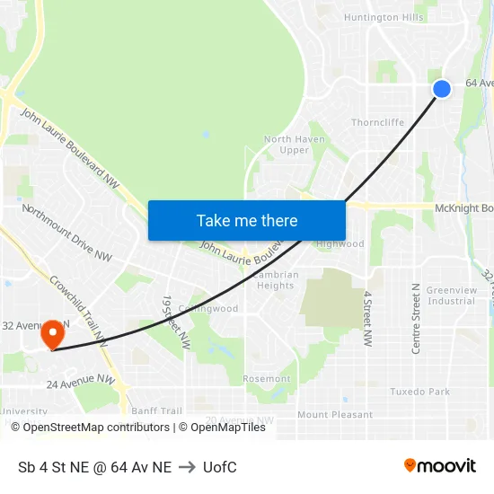 Sb 4 St NE @ 64 Av NE to UofC map