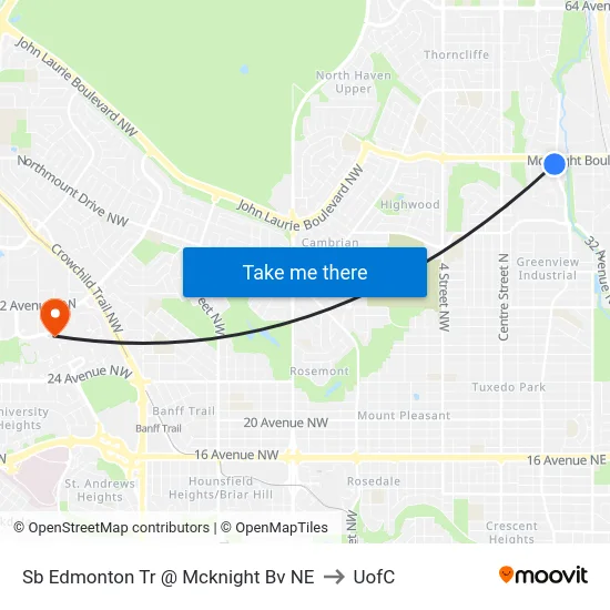 Sb Edmonton Tr @ Mcknight Bv NE to UofC map