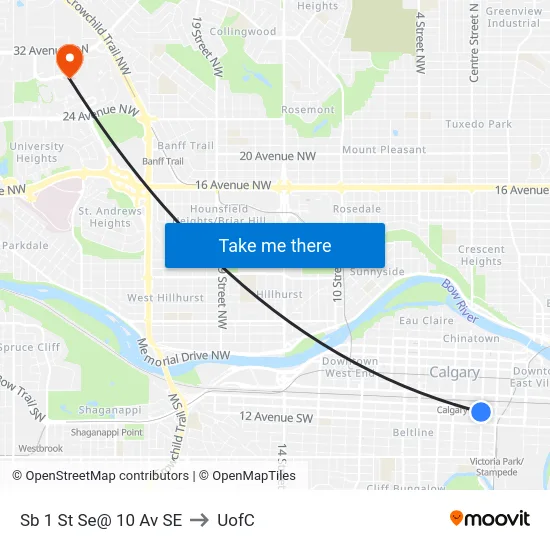 Sb 1 St Se@ 10 Av SE to UofC map