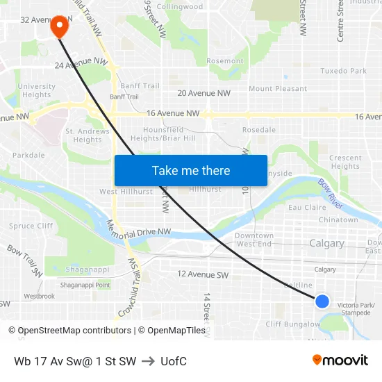 Wb 17 Av Sw@ 1 St SW to UofC map
