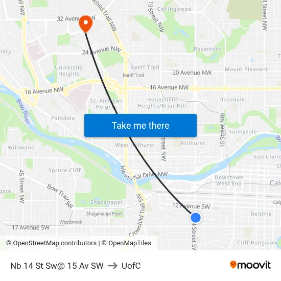 Nb 14 St Sw@ 15 Av SW to UofC map