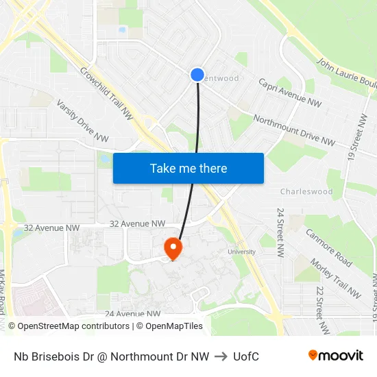 Nb Brisebois Dr @ Northmount Dr NW to UofC map