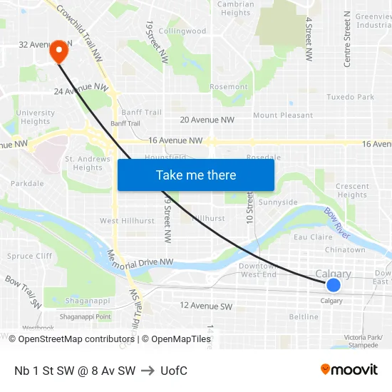 Nb 1 St SW @ 8 Av SW to UofC map