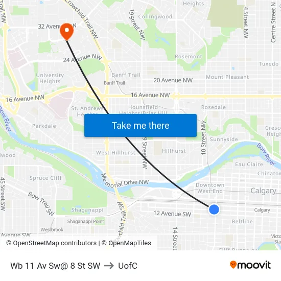 Wb 11 Av Sw@ 8 St SW to UofC map