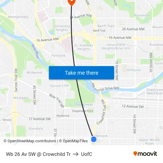Wb 26 Av SW @ Crowchild Tr to UofC map