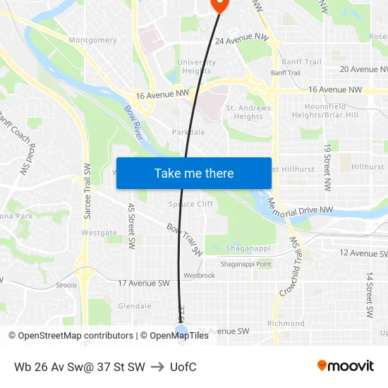 Wb 26 Av Sw@ 37 St SW to UofC map