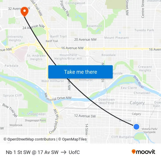 Nb 1 St SW @ 17 Av SW to UofC map