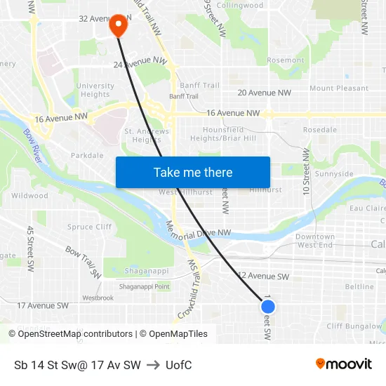 Sb 14 St Sw@ 17 Av SW to UofC map