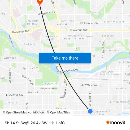 Sb 14 St Sw@ 26 Av SW to UofC map