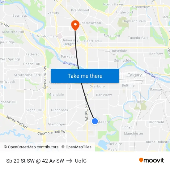 Sb 20 St SW @ 42 Av SW to UofC map
