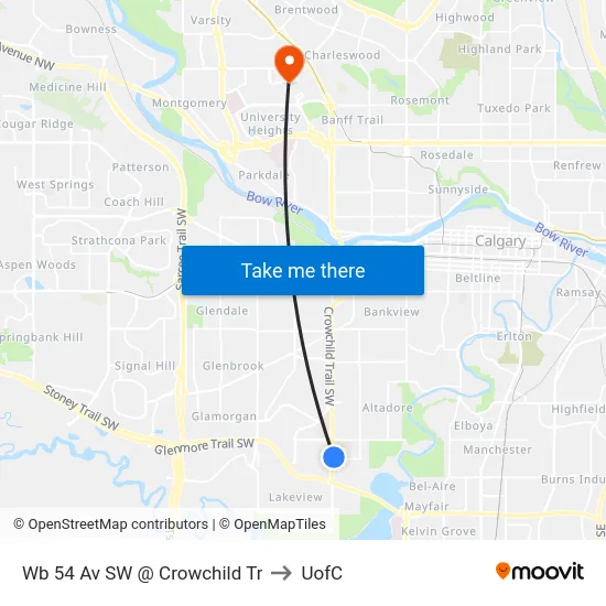 Wb 54 Av SW @ Crowchild Tr to UofC map