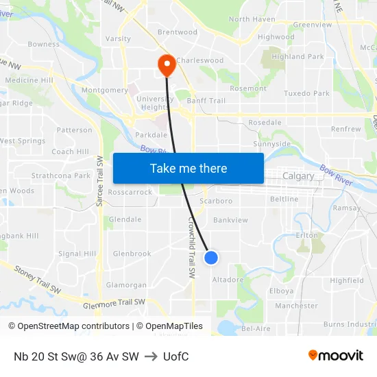 Nb 20 St Sw@ 36 Av SW to UofC map