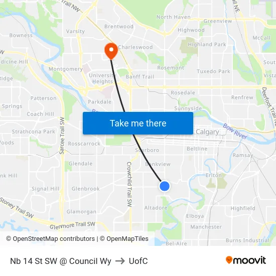 Nb 14 St SW @ Council Wy to UofC map