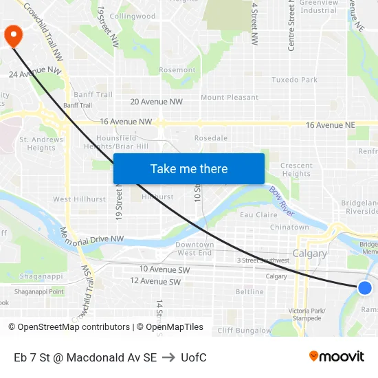 Eb 7 St @ Macdonald Av SE to UofC map