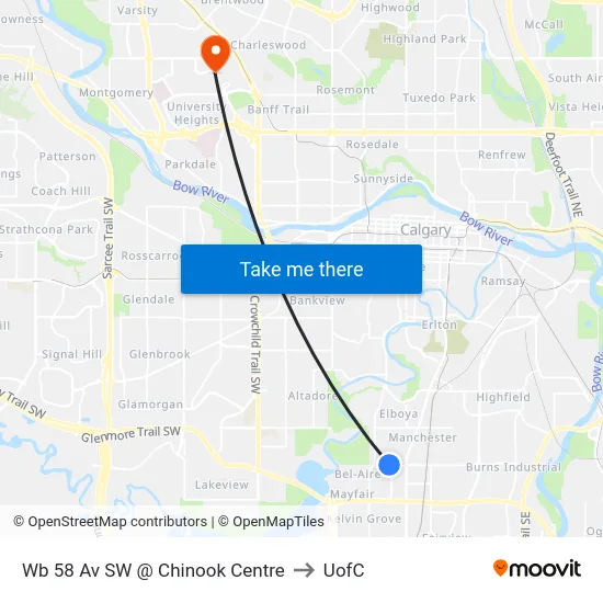 Wb 58 Av SW @ Chinook Centre to UofC map