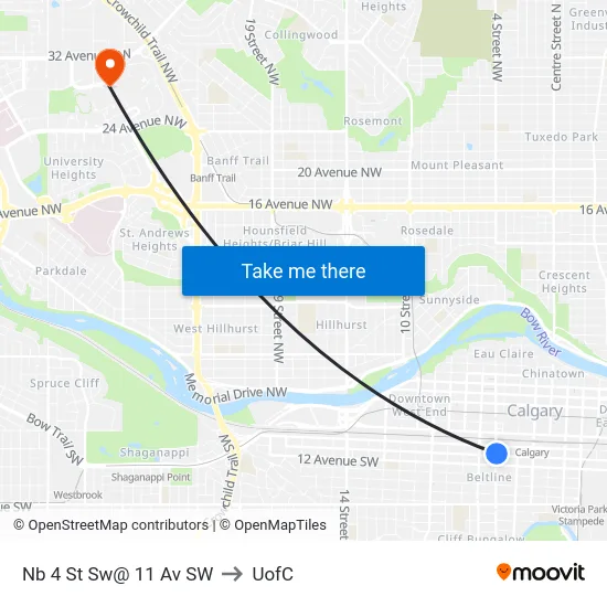 Nb 4 St Sw@ 11 Av SW to UofC map