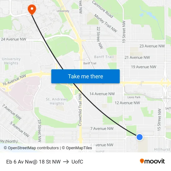 Eb 6 Av Nw@ 18 St NW to UofC map