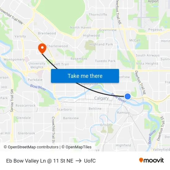 Eb Bow Valley Ln @ 11 St NE to UofC map