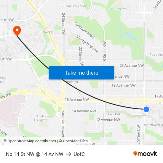 Nb 14 St NW @ 14 Av NW to UofC map