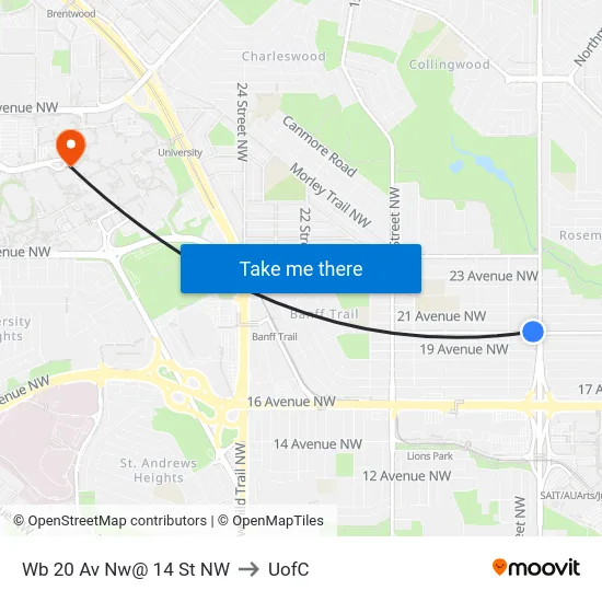 Wb 20 Av Nw@ 14 St NW to UofC map
