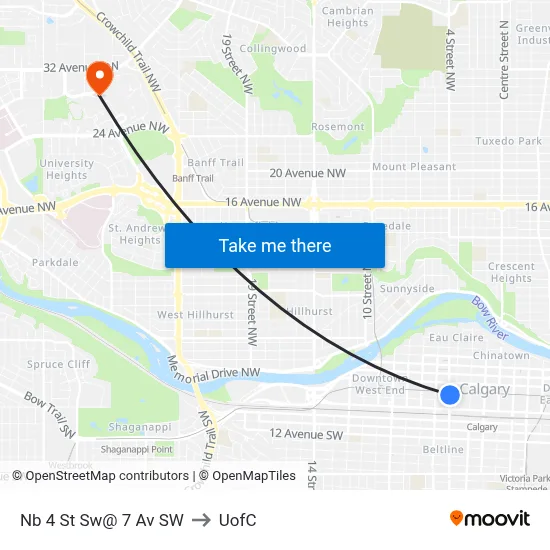 Nb 4 St Sw@ 7 Av SW to UofC map
